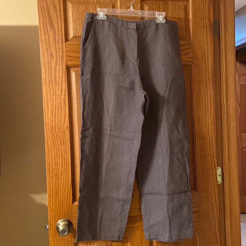 Eileen Fisher Petite Large Pants 100% Irish Linen Brown Crop Wide Leg